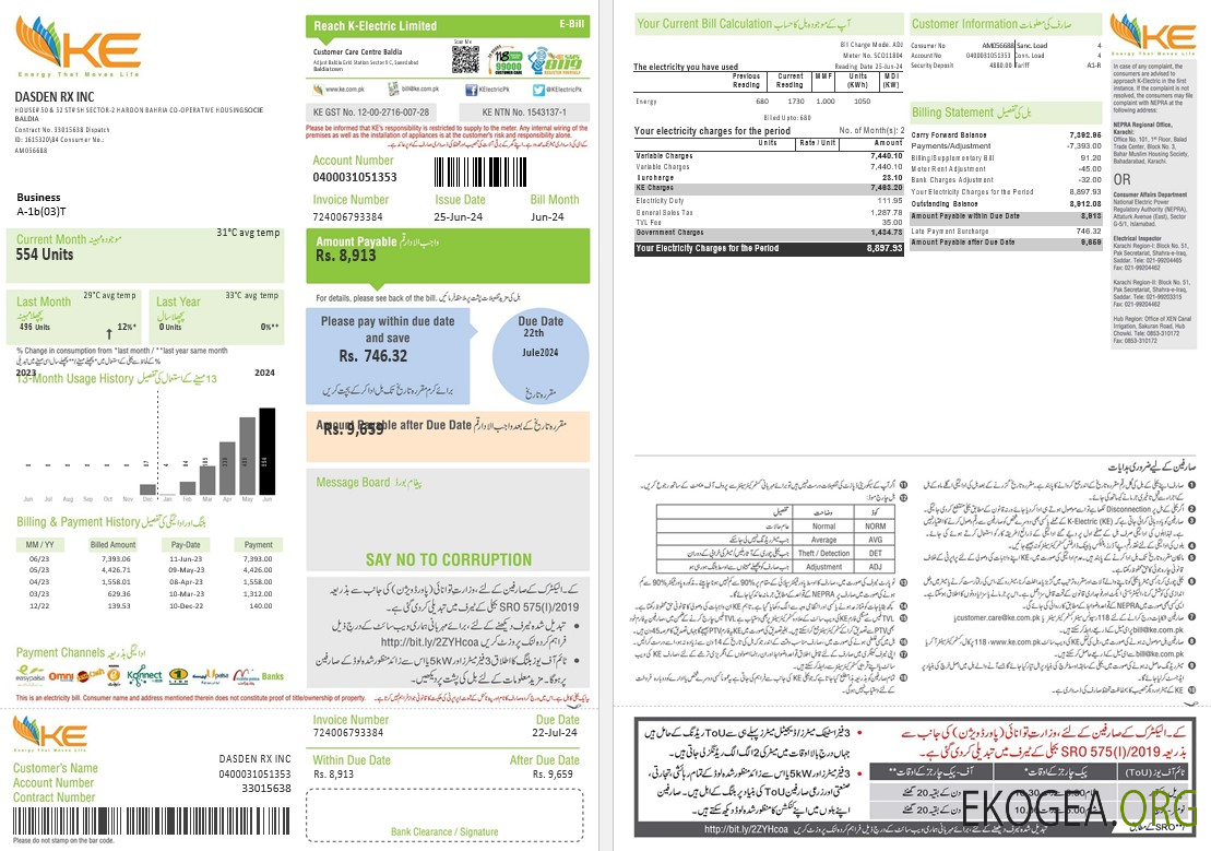 Modèle de facture de services publics d'entreprise d'électricité du Pakistan KE aux formats Word et PDF, 2 pages